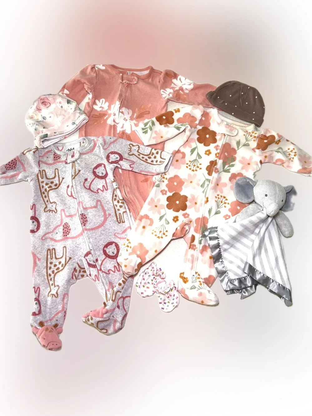 6 Piece Baby Girls Floral/Print Fleece One-Piece Footed Pajamas Elephant Lovie